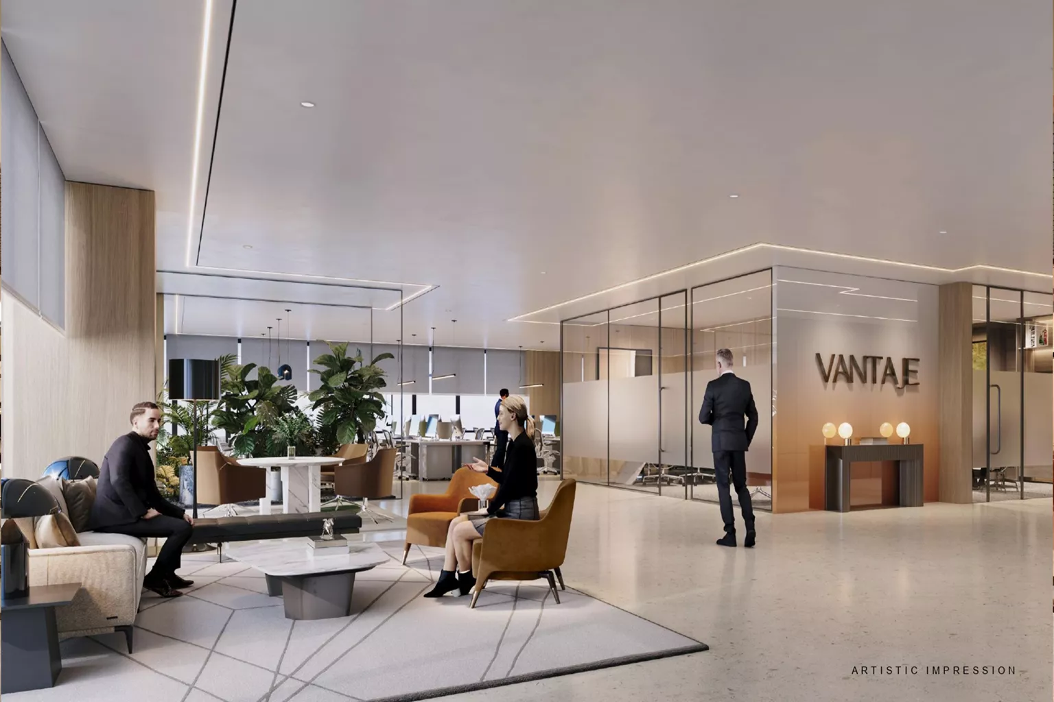 Aura Vantaje luxury mixed-use commercial development featuring retail shops, restaurants, and premium office spaces